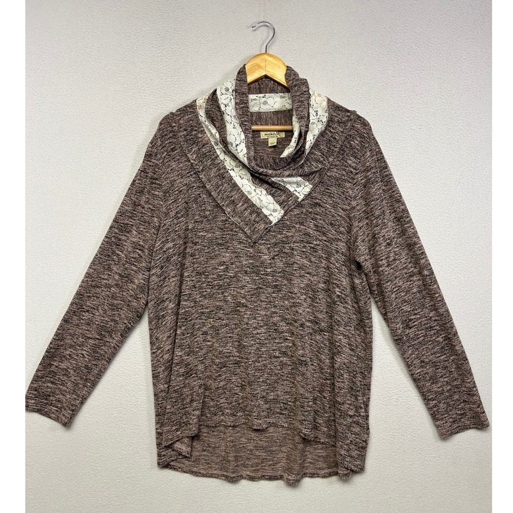 Boho Cottagecore One World Womens XL Pink Space Dye Lace Trim Cowl Neck Tunic